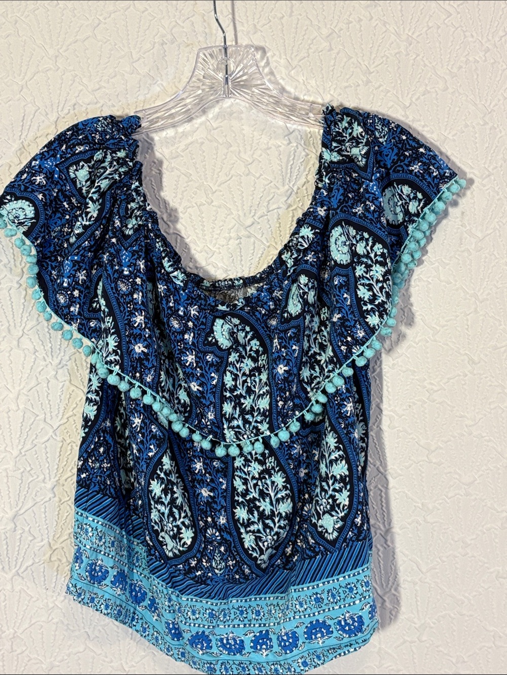 crown & ivy Blue and Aqua Paisley Pom-Pom Ruffle Top